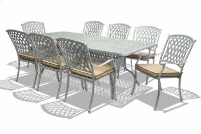 Aluminium Tuscan 8 Seater Dining Set Silver with Beige Cushions