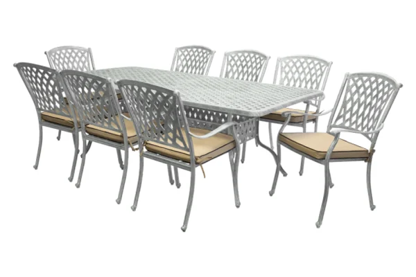 Aluminium Tuscan 8 Seater Dining Set Silver with Beige Cushions