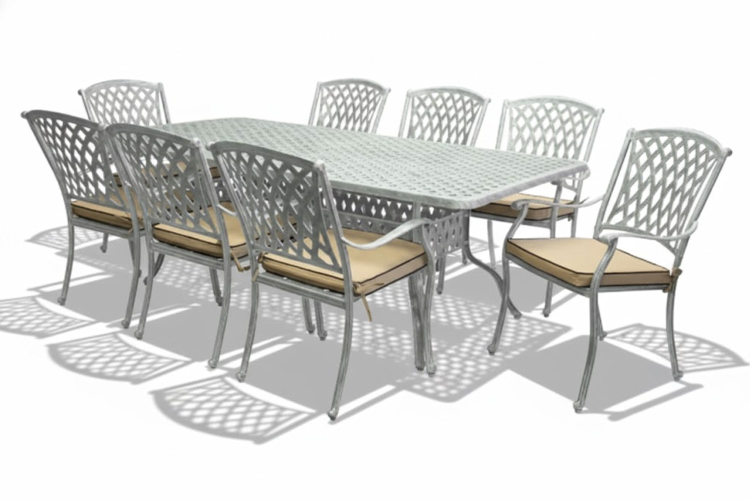 Aluminium Tuscan 8 Seater Dining Set Silver with Beige Cushions