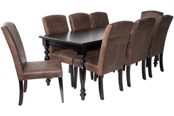9 Piece Solo French Dining set Special (French 8 Seater Dining Table (2100 X 900) Mahogany Veneer & 8 Primo Exotic leather Dining chairs)