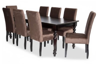 9 Piece Solo French Dining set Special (French 8 Seater Dining Table (2100 X 900) Mahogany Veneer & 8 Solo Brown Velvet Dining chairs)