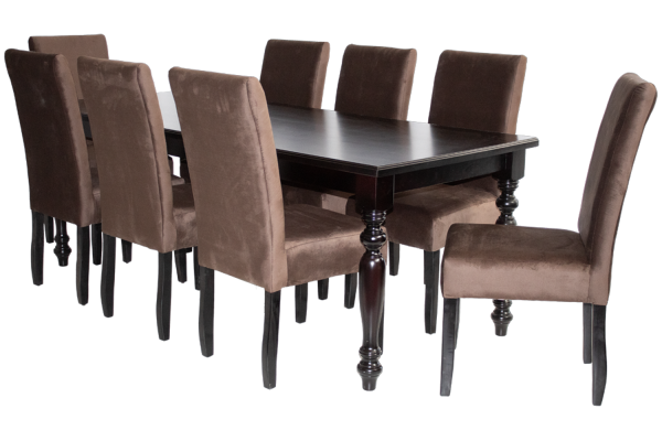 9 Piece Solo French Dining set Special (French 8 Seater Dining Table (2100 X 900) Mahogany Veneer & 8 Solo Brown Velvet Dining chairs)