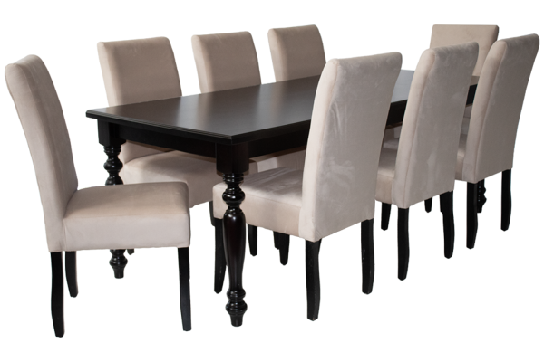 9 Piece Solo French Dining set Special (French 8 Seater Dining Table (2100 X 900) Mahogany Veneer & 8 Solo Vanilla Velvet Dining chairs)
