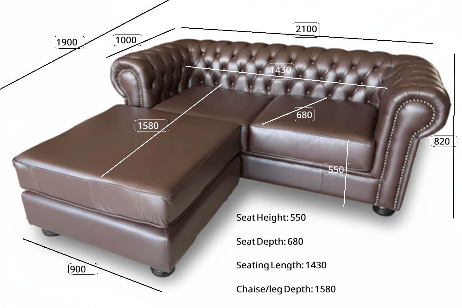 Chesfield Genuine Leather Sofa 2-Seater with Universal Chaise (Dark Brown, XL Deep Seat) - Image 8