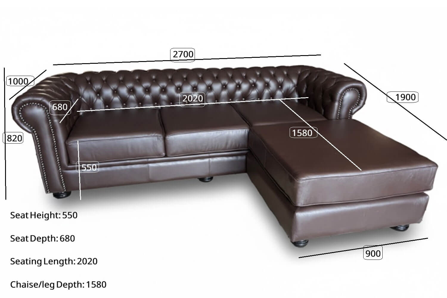 Chesfield Genuine Leather Sofa 3-Seater with Universal Chaise (Dark Brown, XL Deep Seat) - Image 8