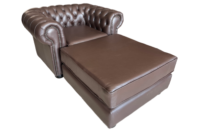 Genuine Full Leather Chesfield Armchair with Ottoman - D-Brown (XL deep seat)