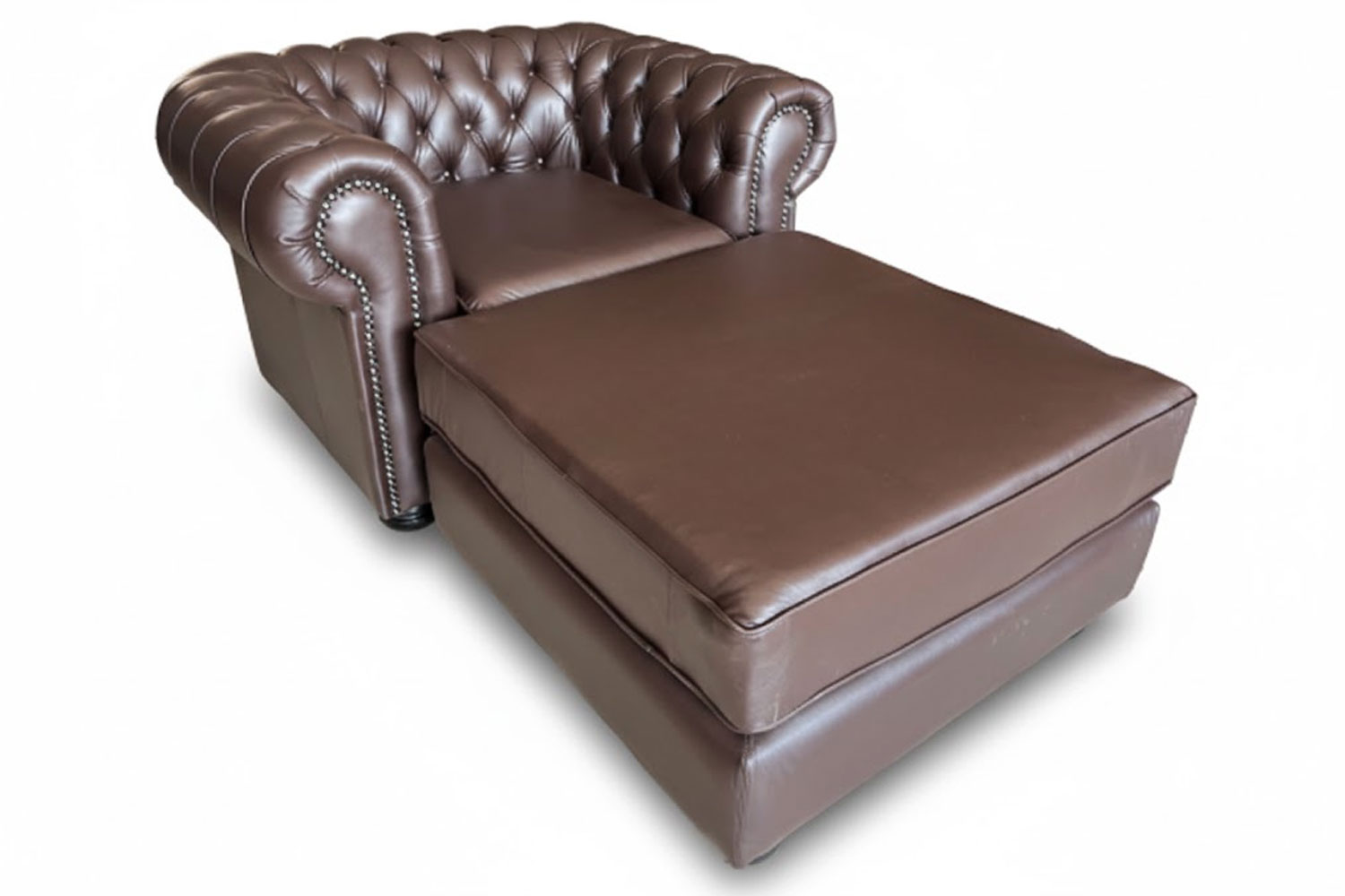 Genuine Full Leather Chesfield Armchair with Ottoman - D/Brown (XL deep seat)