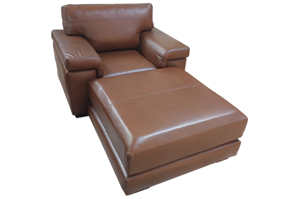 Genuine Full Leather Living Armchair with Ottoman Exotic Chestnut