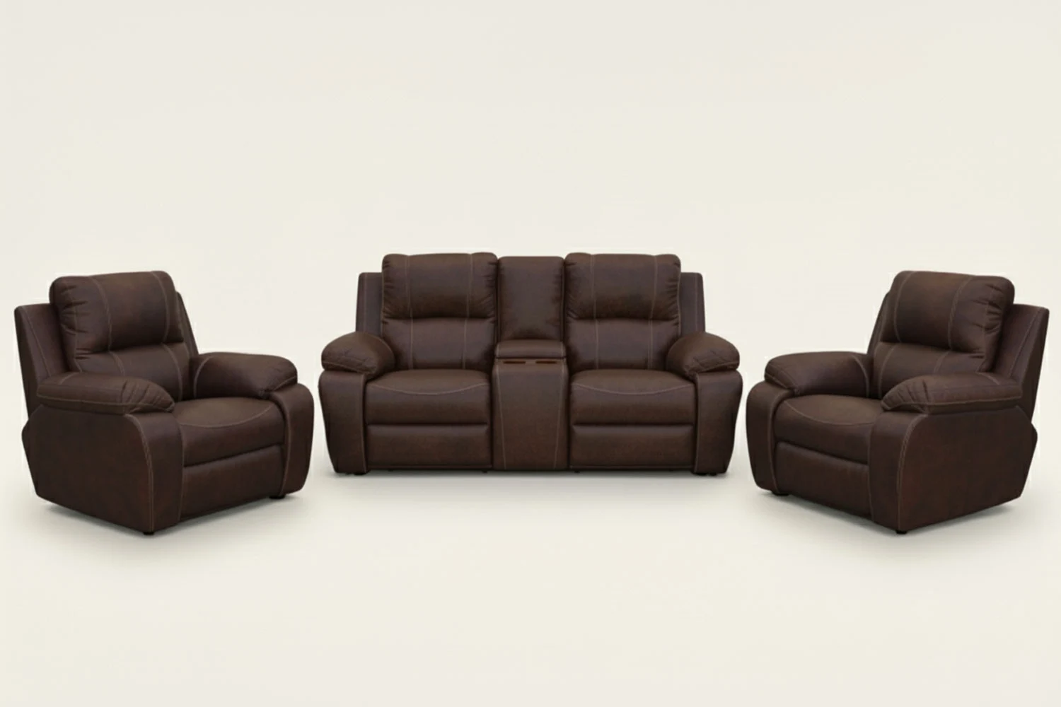Premier Genuine Leather Lounge Set 3-Piece | x2 1-Seater Chairs + x1 2-Seater Sofa with Console (Brown, Static)