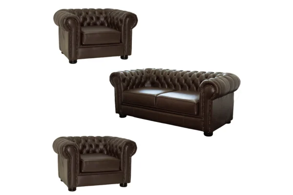 Genuine Full Leather 3 Piece Set Special (Chessman Comfort 2 x 1 Seater and 2 Seater) D.Brown (XL deep seat)