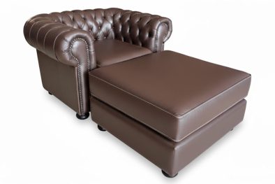 Genuine Full Leather Chessman Comfort Armchair with Ottoman - D-Brown (XL deep seat)