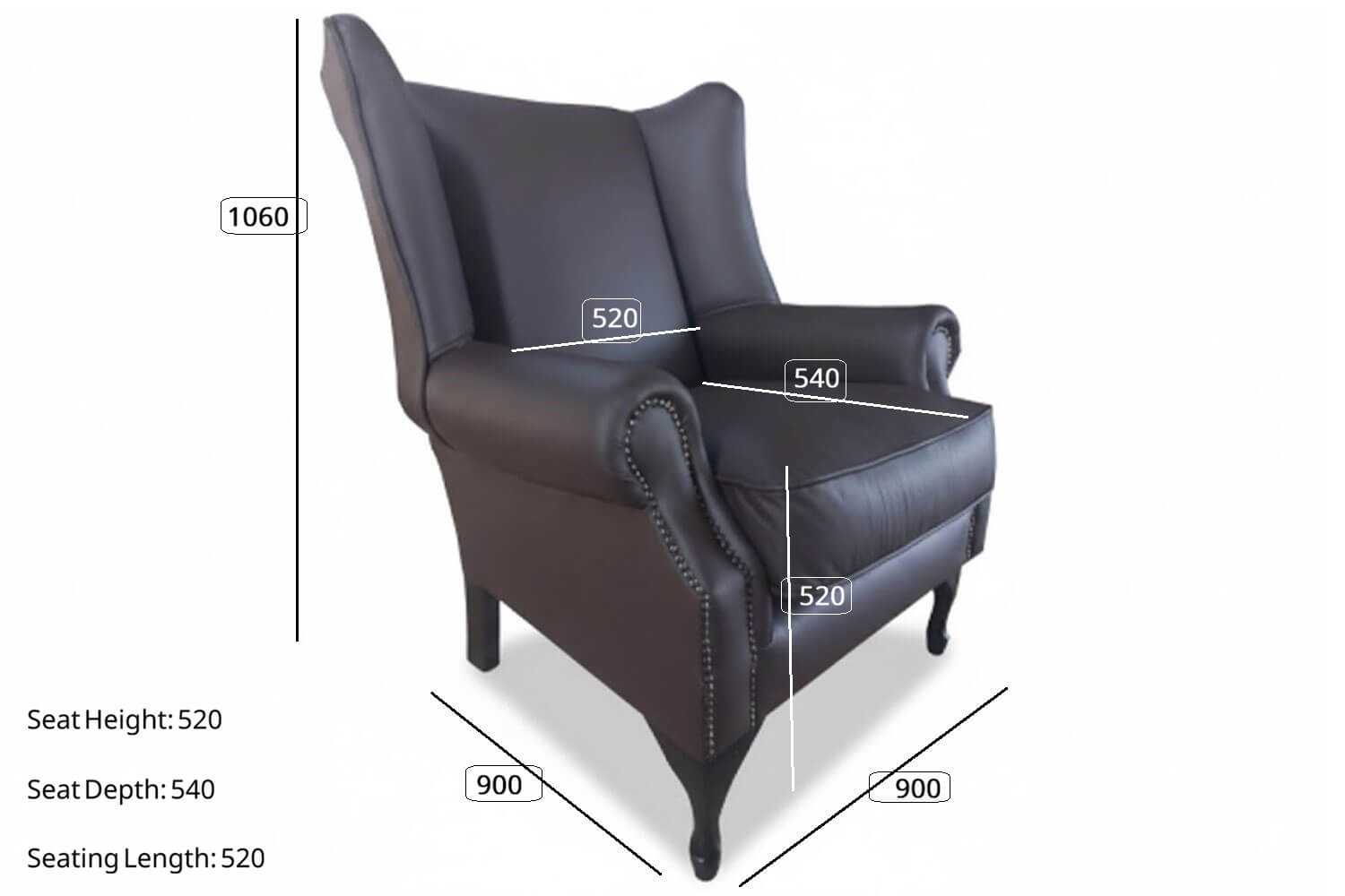 Classica Comfort Genuine Leather Wingback Chair (Brown) dimensions