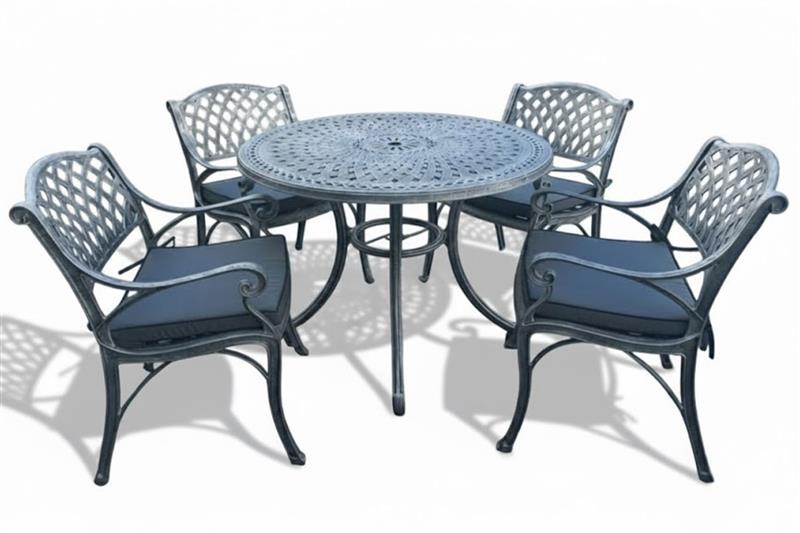 Aluminium Cottage 4 Seater Dining Set Silver 1000mm Round with Charcoal Cushions