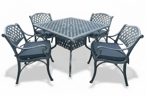 Aluminium Cottage 4 Seater Dining Set Silver 1000mm Square with Charcoal Cushions