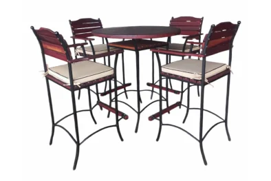 Solid Hardwood Teak 5 Piece Bar Set (Bar table & 4 Bar chairs) with Beige Cushions