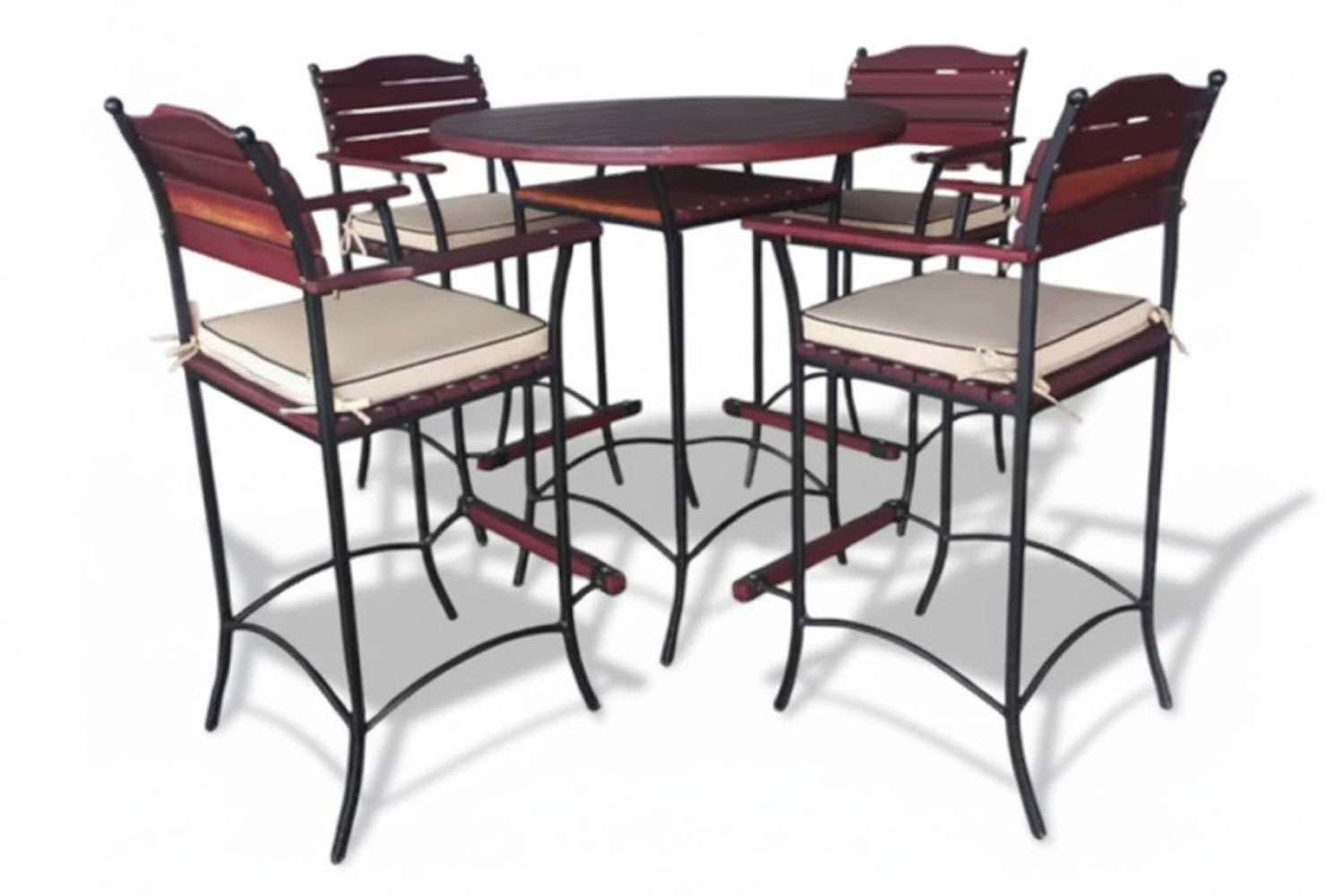 Solid Hardwood Teak 5 Piece Bar Set (Bar table & 4 Bar chairs) with Beige Cushions