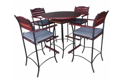 Solid Hardwood Teak 5 Piece Bar Set (Bar table & 4 Bar chairs) with Charcoal Cushions
