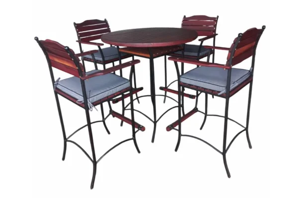 Solid Hardwood Teak 5 Piece Bar Set (Bar table & 4 Bar chairs) with Charcoal Cushions