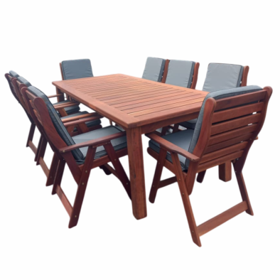 Zambezi Teak 8 Seater Patio Dining set Special (2400mm Table & 8 Highback Chairs) - Including Charcoal Cushions