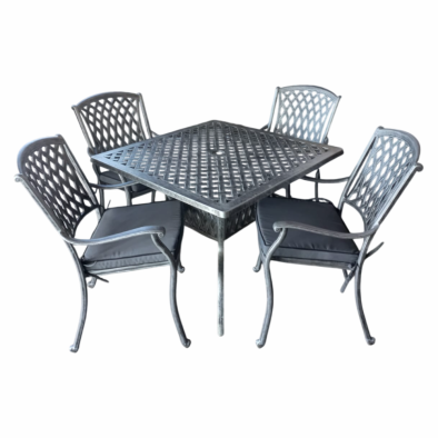 Aluminium Tuscan 4 Seater Dining Set Silver 1000mm Square with Charcoal Cushions