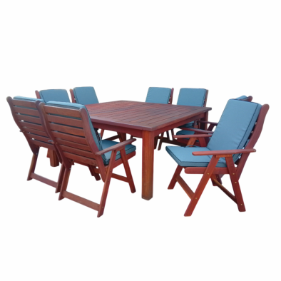 Zambezi Teak 8 Seater Patio Dining Set Special (1700mm Square table & 8 Highback Chairs) Including Charcoal Cushions