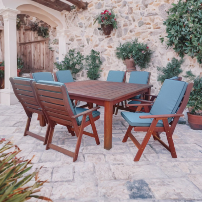 Zambezi Teak 8 Seater Patio Dining Set Special (1700mm Square table & 8 Highback Chairs) Including Charcoal Cushions