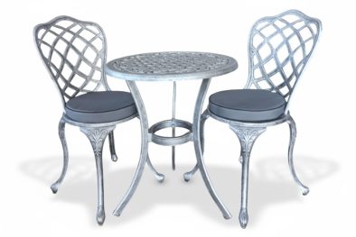 Aluminium Coral 2 Seater Silver on Black Dining Set Special Round 600mm with Charcoal Cushions