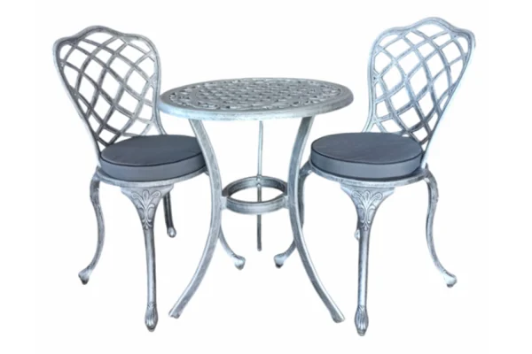 Aluminium Coral 2 Seater Silver on Black Dining Set Special Round 600mm with Charcoal Cushions