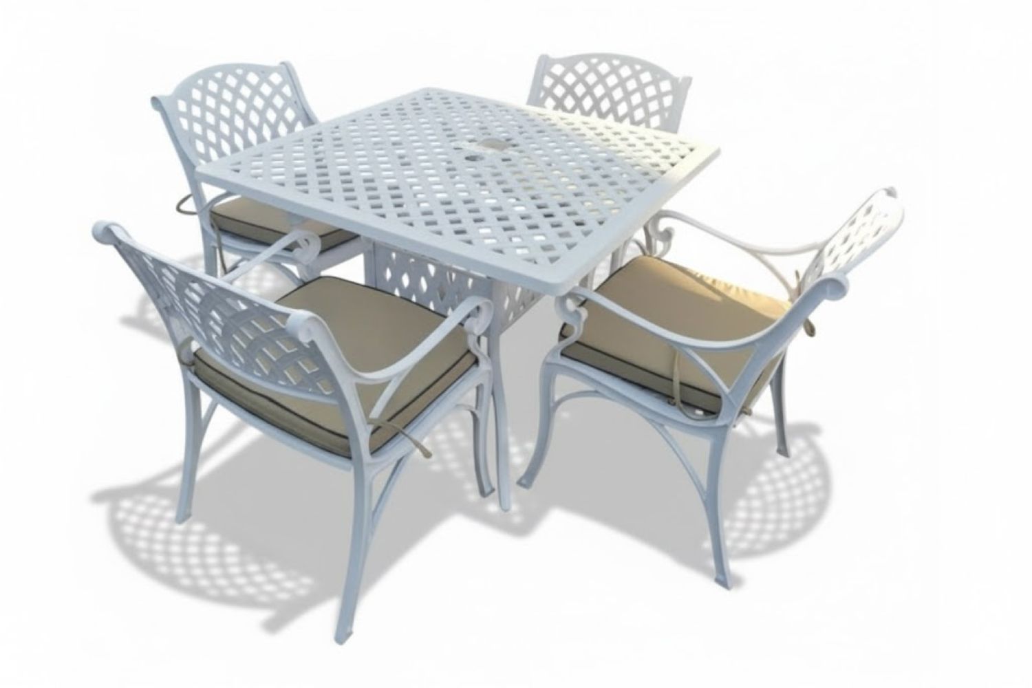 Aluminium Cottage 4 Seater Dining Set White 1000mm Square with Beige Cushions