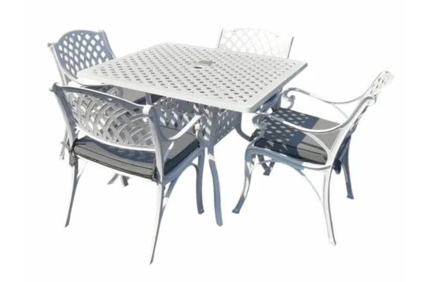 Aluminium Cottage 4 Seater Dining Set White 1000mm Square with Charcoal Cushions