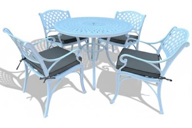 Aluminium Cottage 4 Seater White Dining Set Special 1000mm Round with Charcoal Cushions
