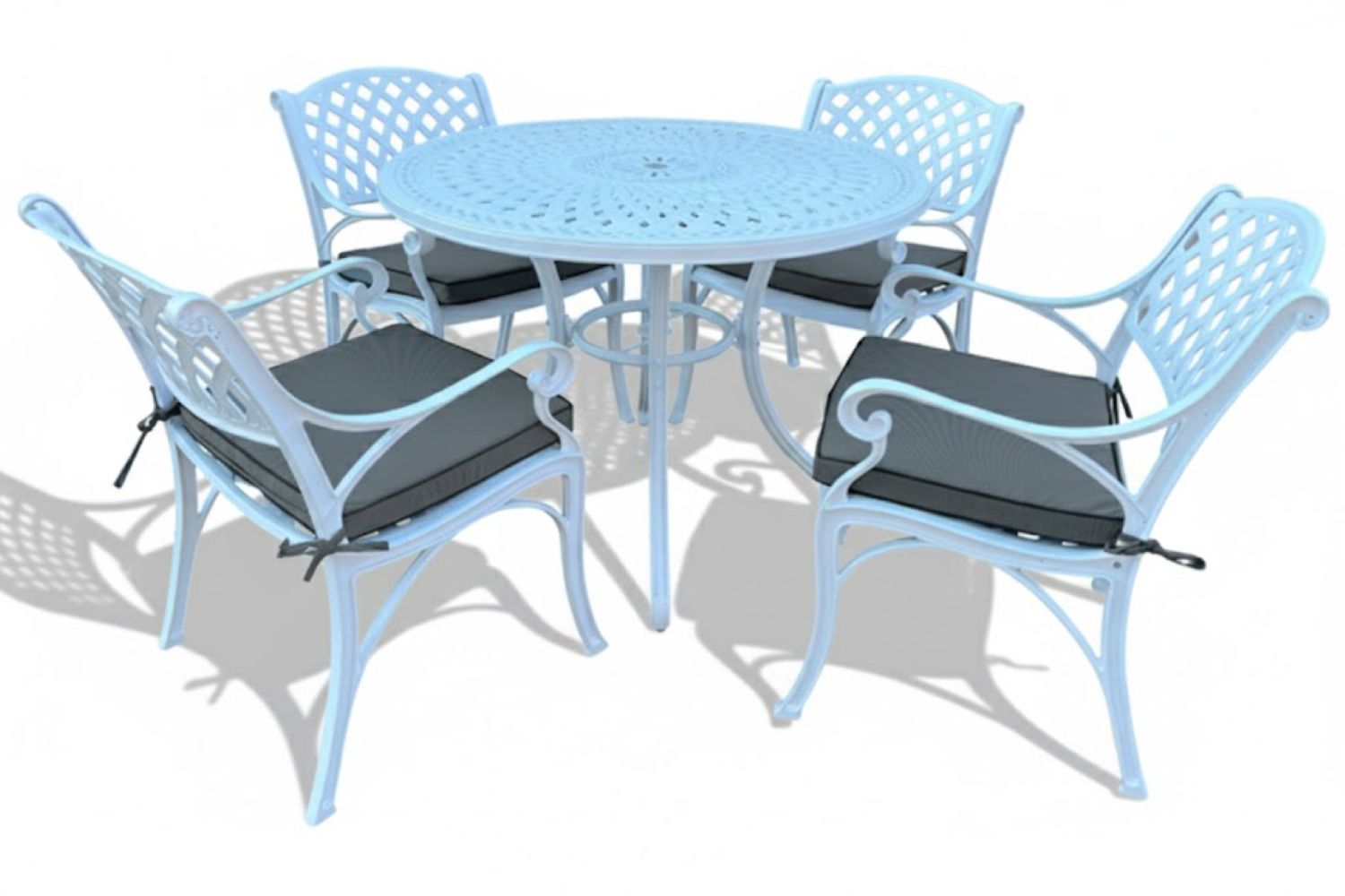 Aluminium Cottage 4 Seater White Dining Set Special 1000mm Round with Charcoal Cushions