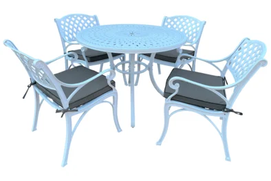 Aluminium Cottage 4 Seater White Dining Set Special 1000mm Round with Charcoal Cushions