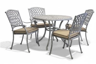 Aluminium Tuscan 4 Seater Dining Set Silver 1000mm Round with Beige Cushions