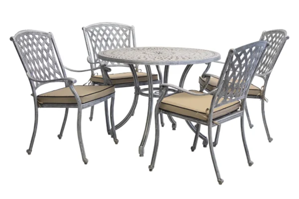 Aluminium Tuscan 4 Seater Dining Set Silver 1000mm Round with Beige Cushions