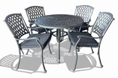 Aluminium Tuscan 4 Seater Dining Set Silver 1000mm Round with Charcoal Cushions