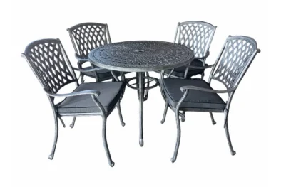 Aluminium Tuscan 4 Seater Dining Set Silver 1000mm Round with Charcoal Cushions