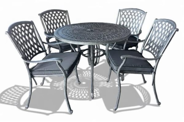 Aluminium Tuscan 4 Seater Dining Set Silver 1000mm Round with Charcoal Cushions