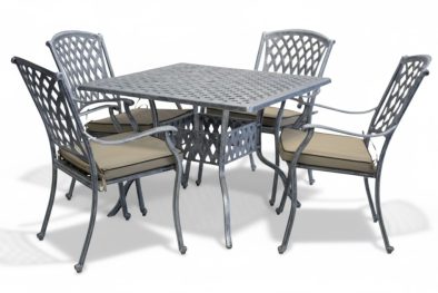 Aluminium Tuscan 4 Seater Dining Set Silver 1000mm Square with Beige Cushions