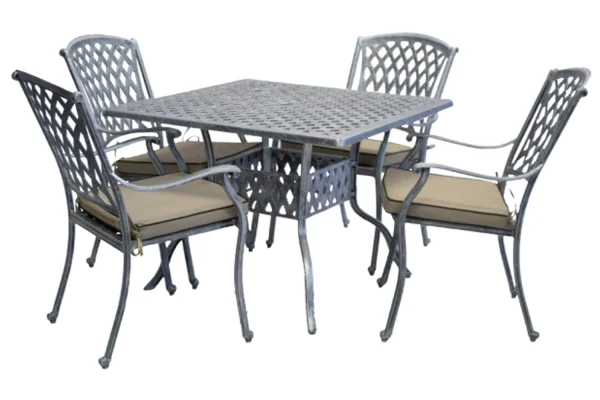 Aluminium Tuscan 4 Seater Dining Set Silver 1000mm Square with Beige Cushions