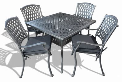 Aluminium Tuscan 4 Seater Dining Set Silver 1000mm Square with Charcoal Cushions