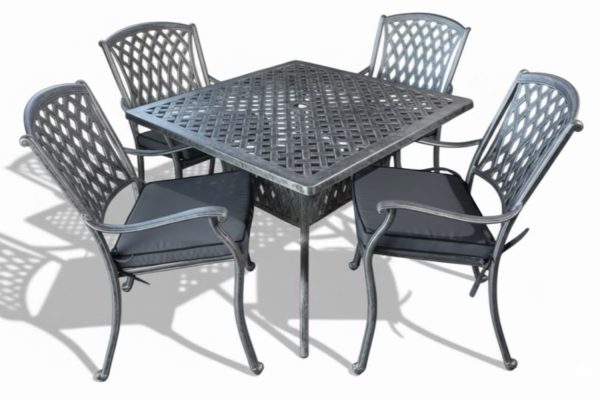 Aluminium Tuscan 4 Seater Dining Set Silver 1000mm Square with Charcoal Cushions
