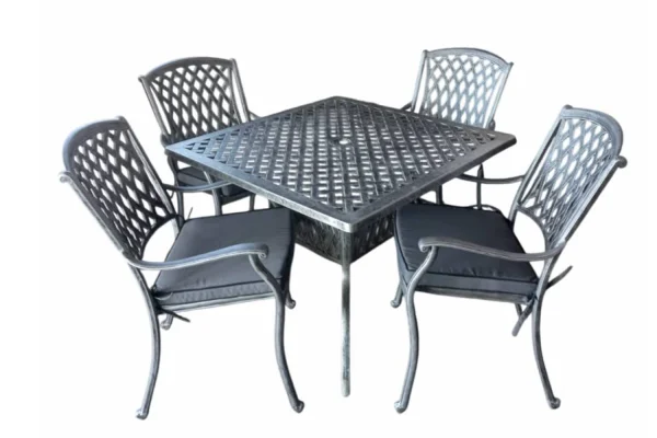 Aluminium Tuscan 4 Seater Dining Set Silver 1000mm Square with Charcoal Cushions