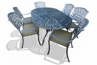 Aluminium Tuscan 6 Seater Oval Dining Set Silver with Beige Cushions