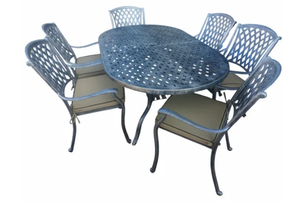 Aluminium Tuscan 6 Seater Oval Dining Set Silver with Beige Cushions
