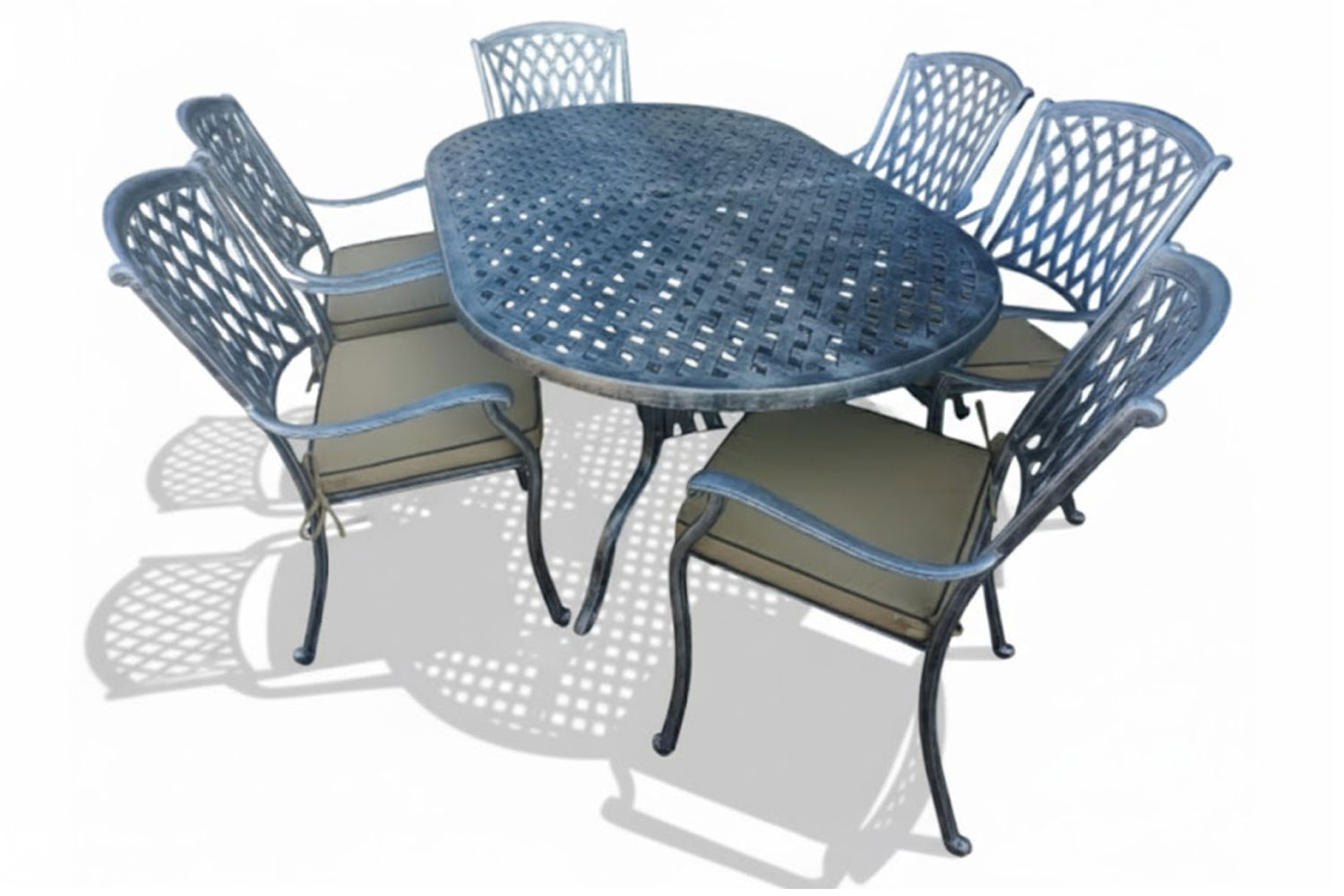 Aluminium Tuscan 6 Seater Oval Dining Set Silver with Beige Cushions