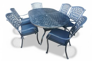 Aluminium Tuscan 6 Seater Oval Dining Set Silver with Charcoal Cushions
