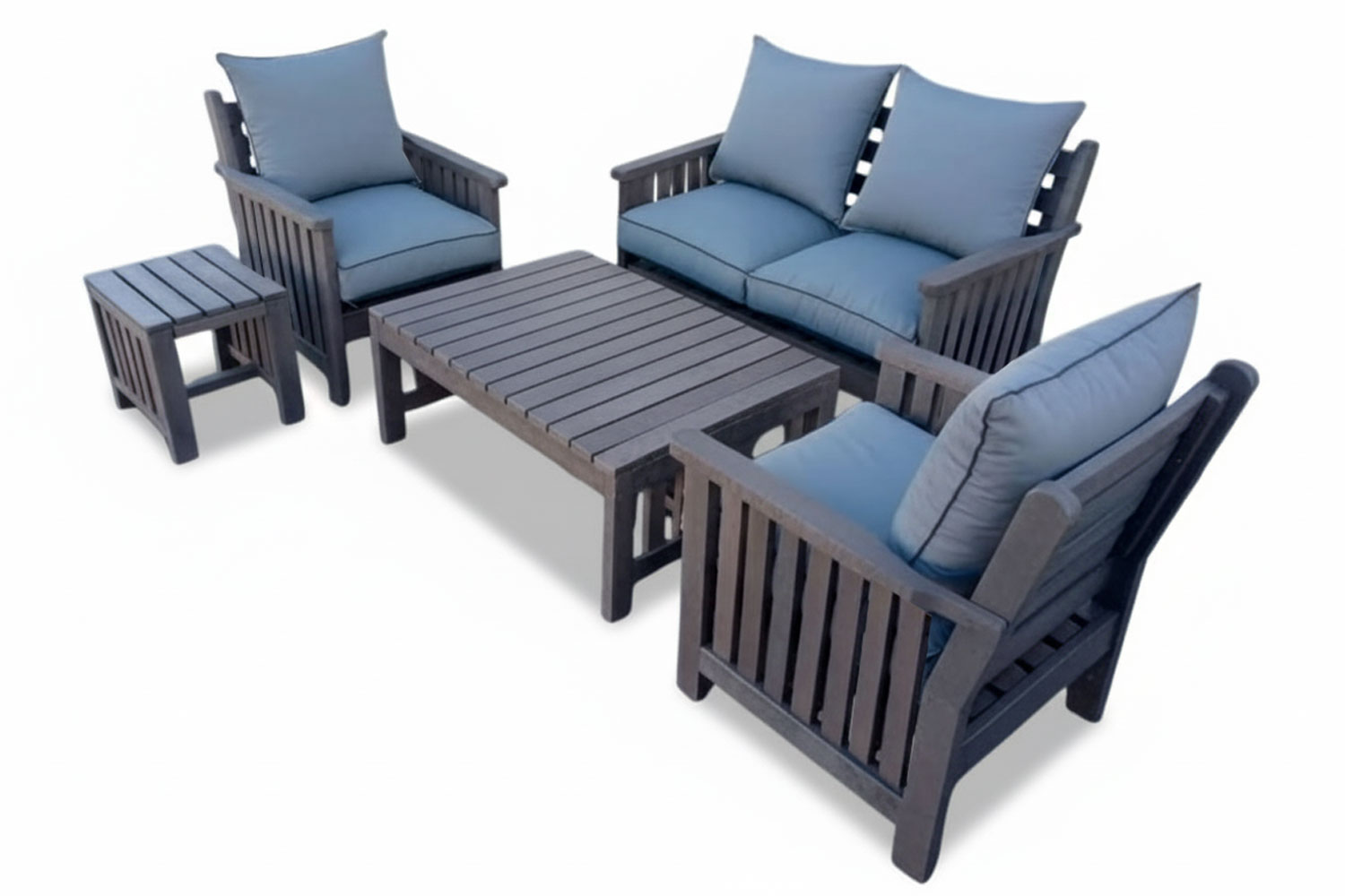 Royal Morris 4 Seater Set, 2x 1 Seater, 1x 2 Seater, Coffee Table and Side Table – Including Charcoal Cushions (RECYCLED PLASTIC)