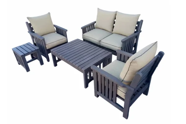 Royal Morris 4 Seater Set, 2x 1 Seater, 1x 2 Seater, Coffee Table and Side Table - Including Beige Cushions (RECYCLED PLASTIC)