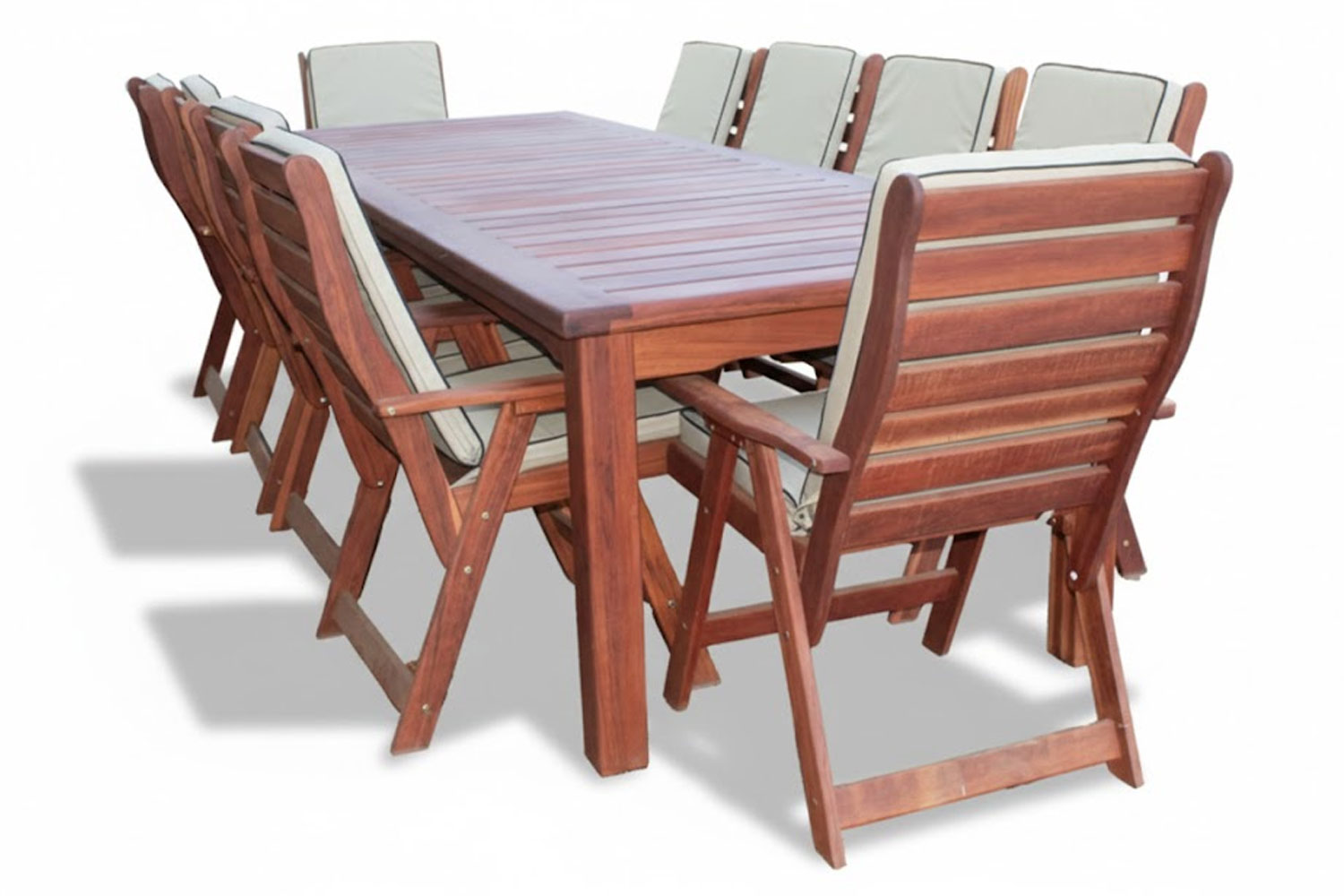Solid Hardwood Teak 10 Seater Patio Dining Set Special (3200mm Table & 10 High back chairs) - Including Beige Cushions